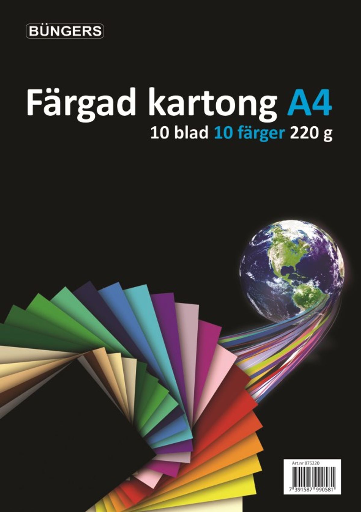 Büngers Farvet karton, 220 g, 10 ark, assorteret