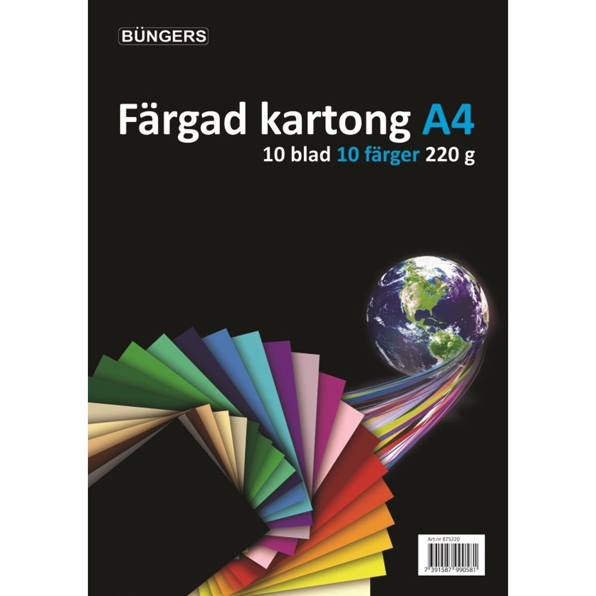 Büngers Farvet karton, 220 g, 10 ark, assorteret