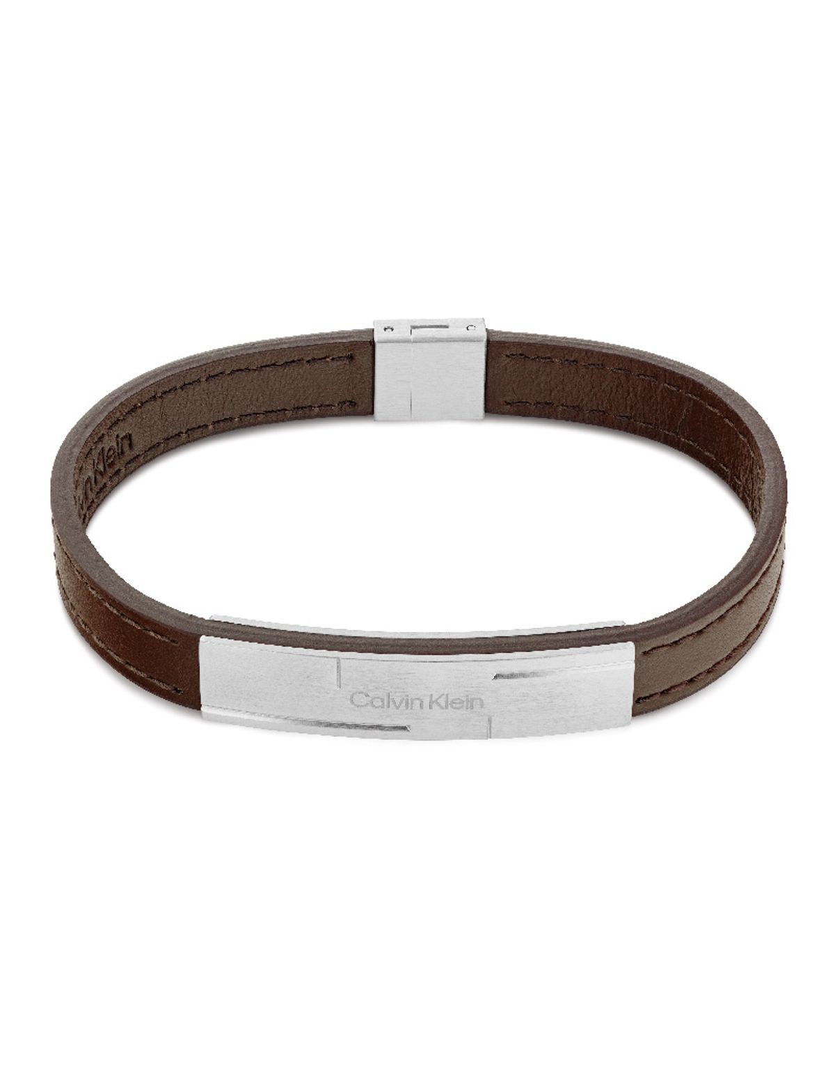 Calvin Klein brun læderarmbånd med plade - 19,5cm