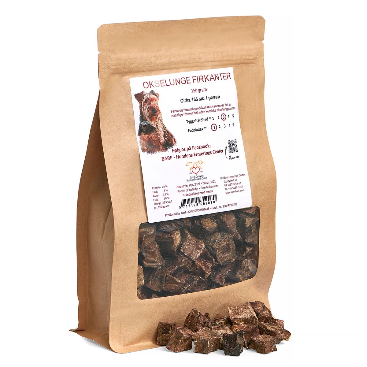 Carnitreats Okselunge firkanter 150g, naturlig hundesnack