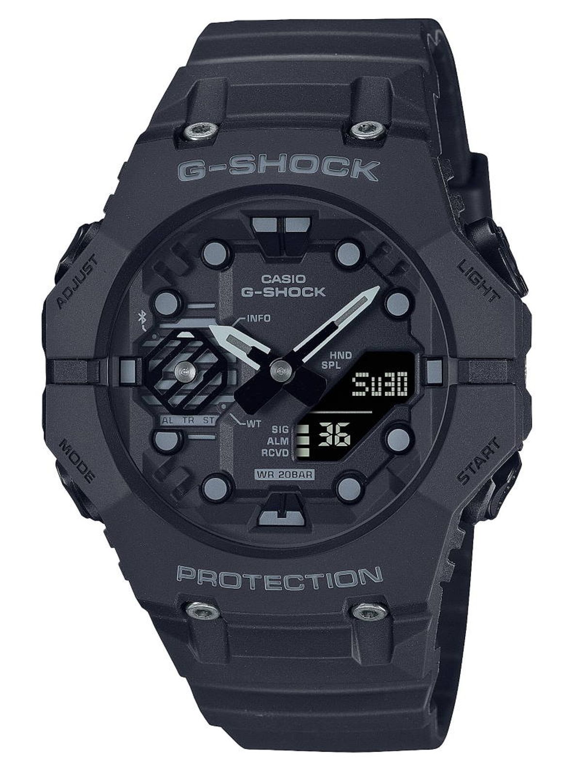 CASIO G-Shock sort digitalur med visere, gummirem