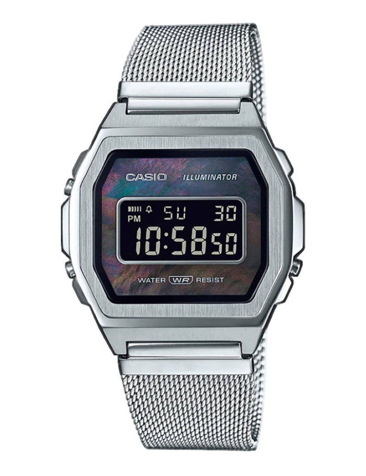 CASIO VINTAGE DIGITAL I STÅL MED SORT PERLEMORSSKIVE OG MESHLÆNKE