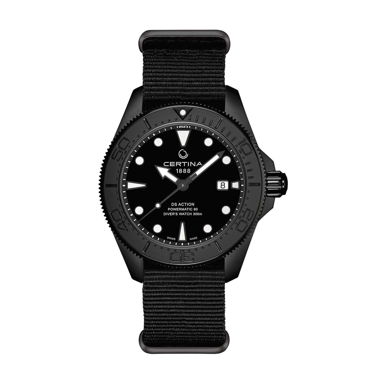 Certina - DS Action Diver Sort, 43mm Natorem Rustfrit stål