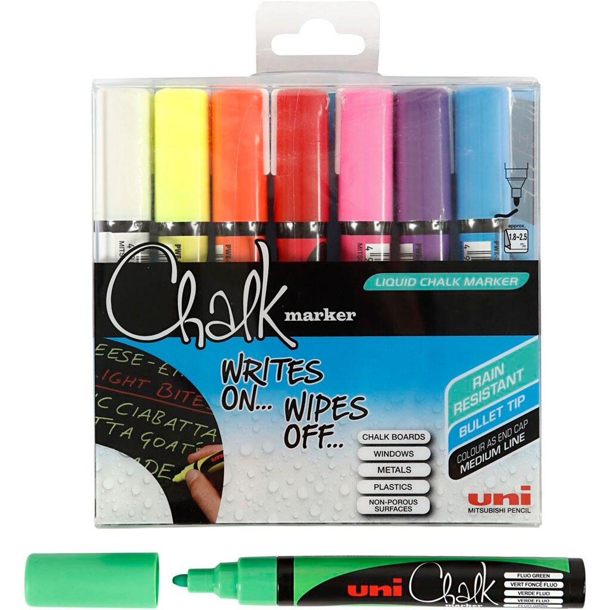 Chalk Marker, 1,8-2,5 mm streg, 8 ass. farver