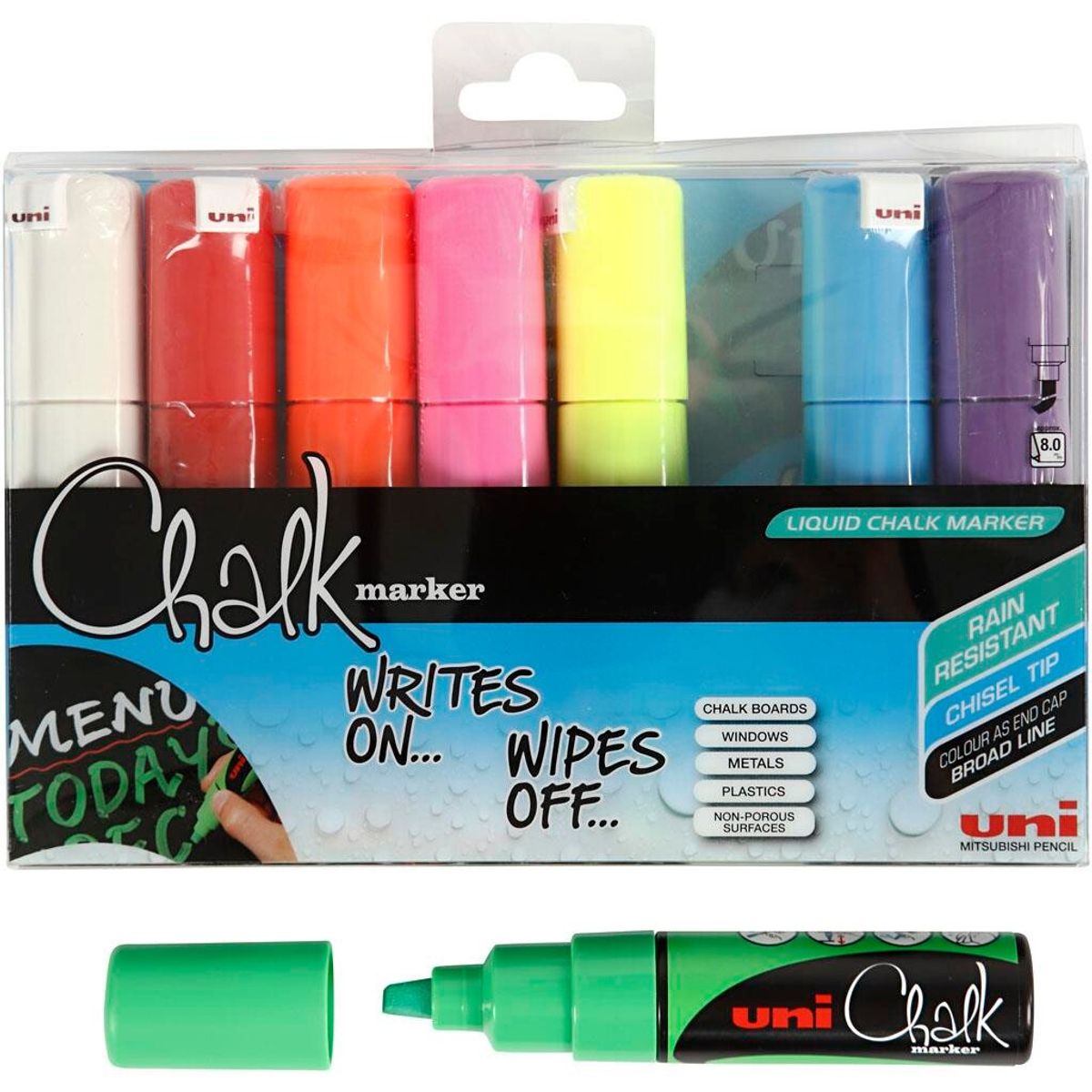 Chalk Marker, 8 mm streg, 8 ass. farver,