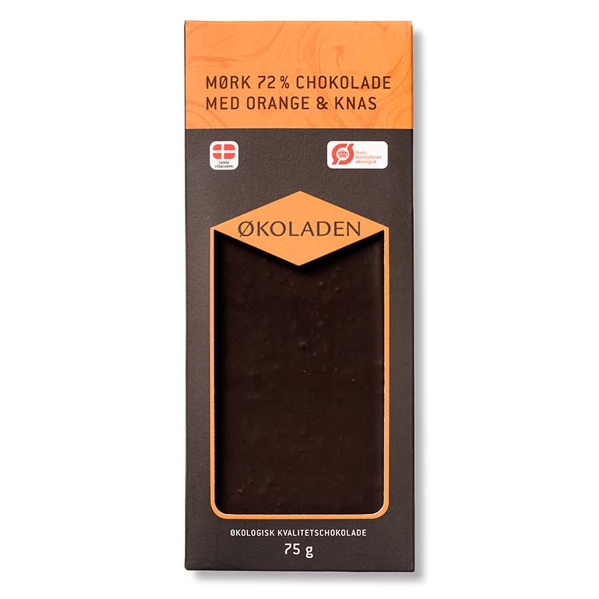 Chokoladeplade, 72 % mørkchokolade med orange og knas