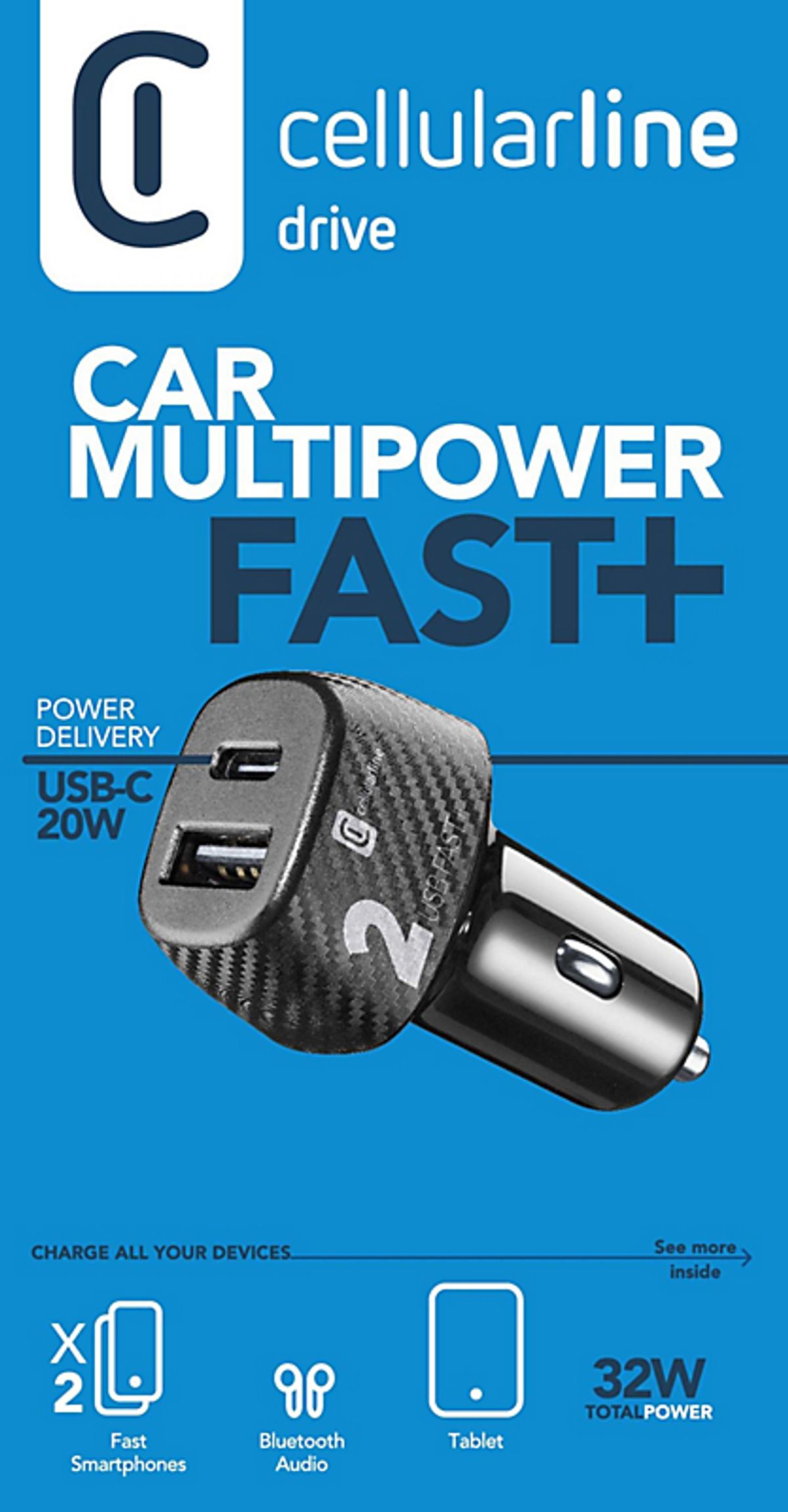 CL adapter 12-24V 32W multi power fast til bil med USB-C & USB tilslutning