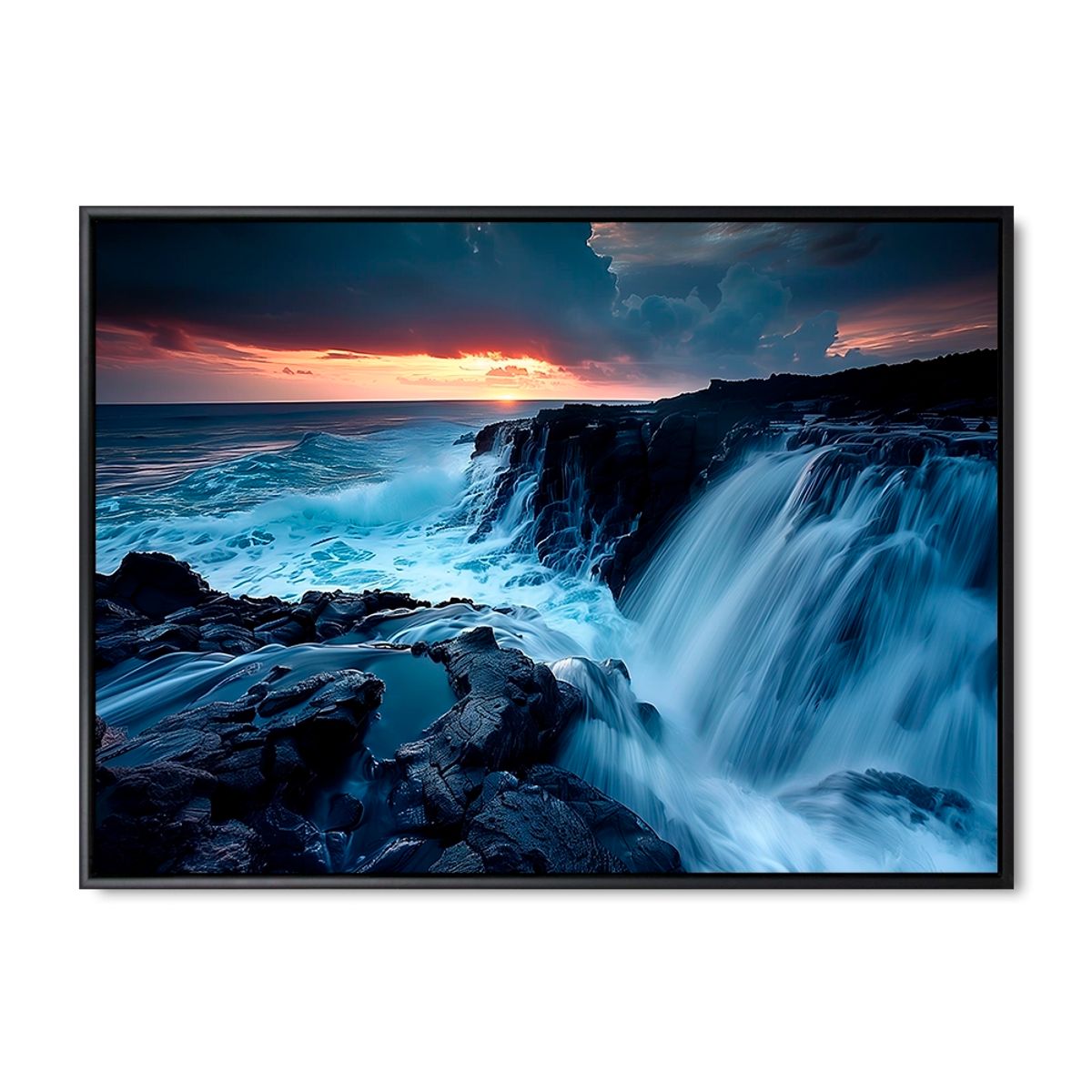 Cliffside Cascade - 60x80 cm. - Sort ramme