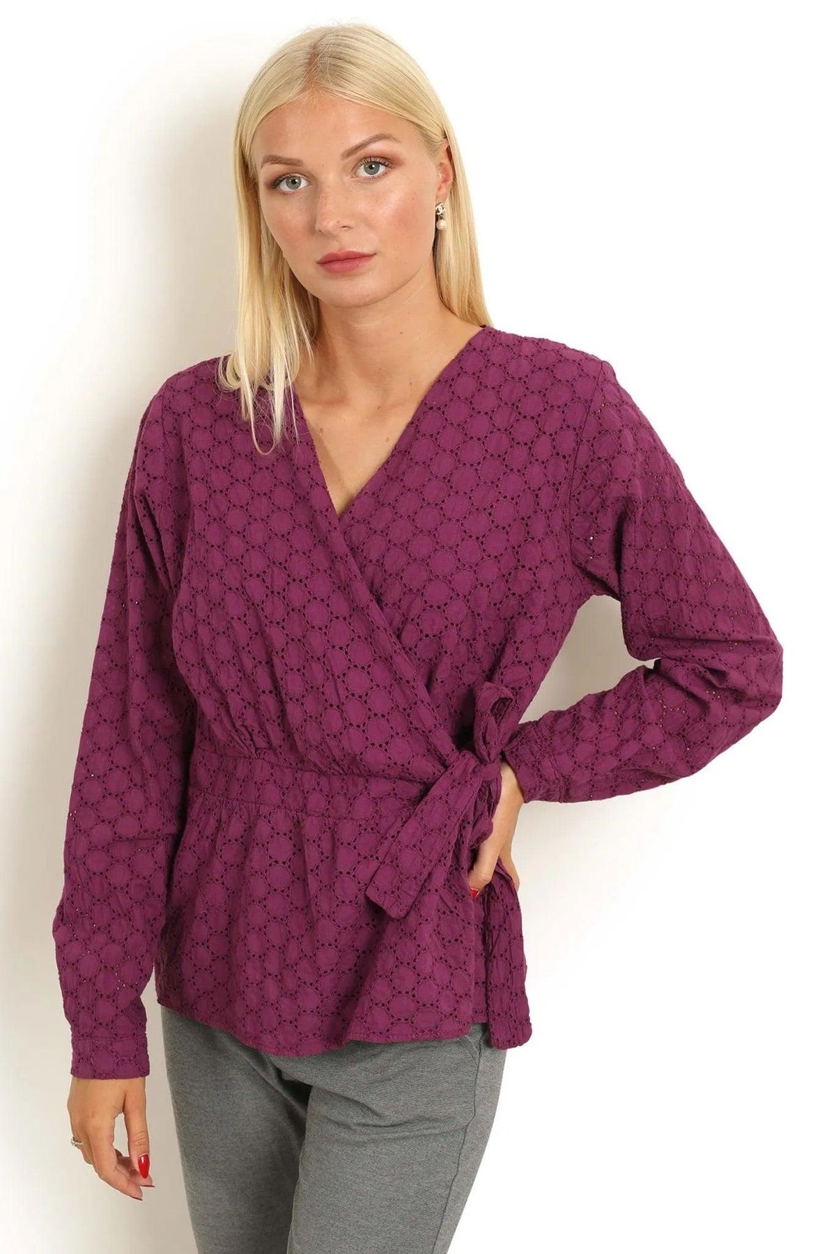 Copenhagen Luxe fuxia broderet slå-om bluse style 1416 - M/L