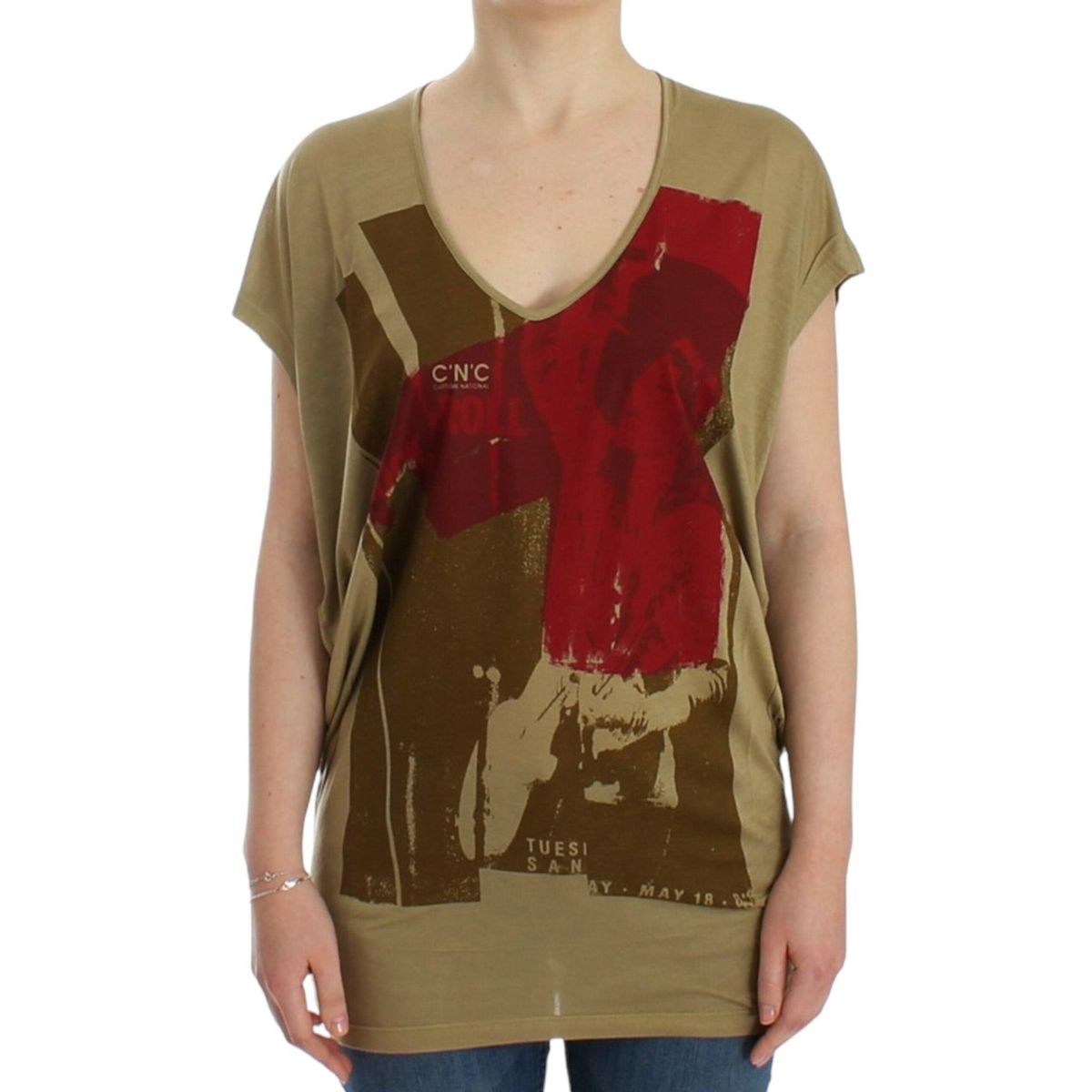 Costume National Chic Green Multicolor Print V-Neck Tee