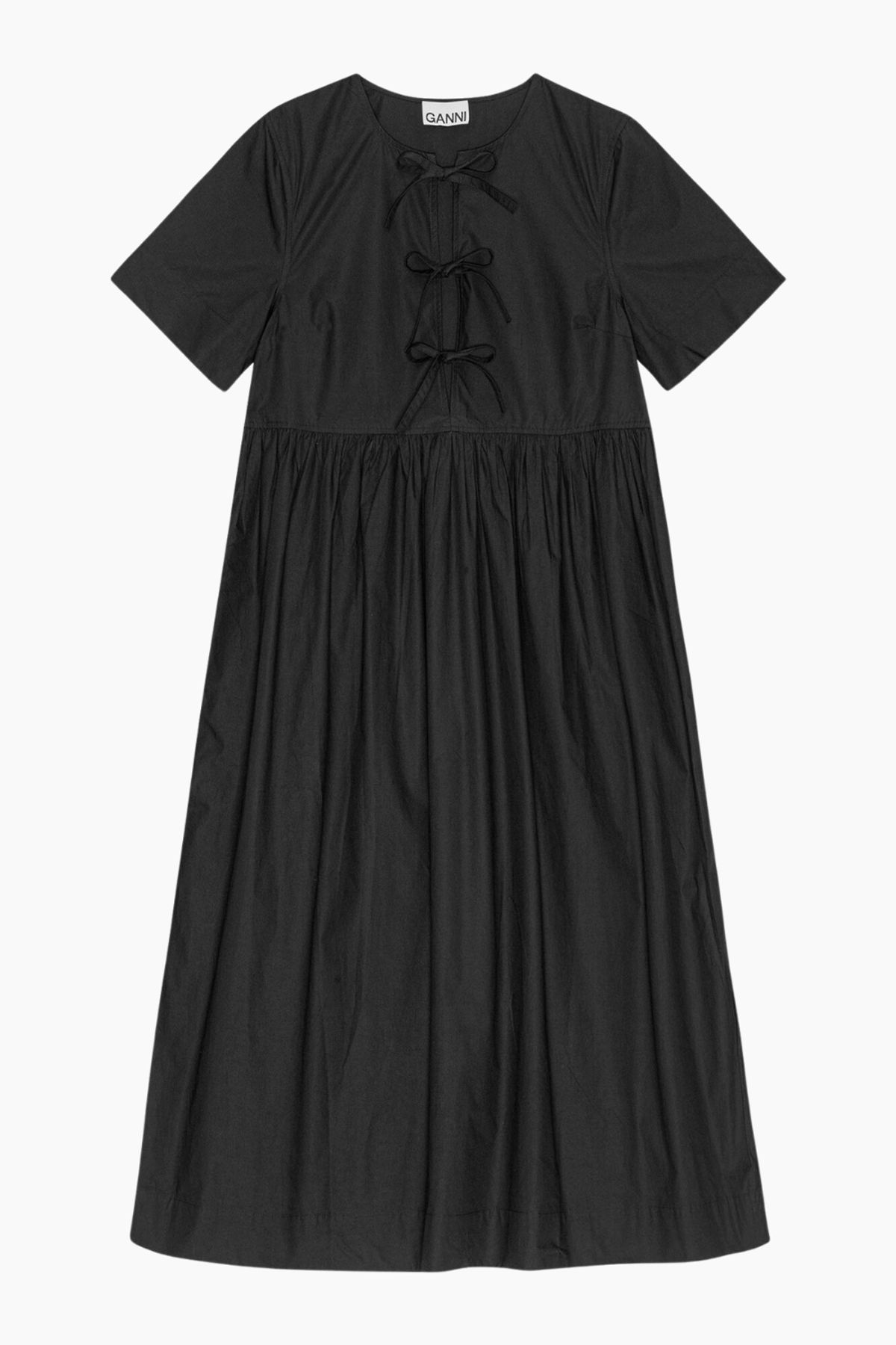 Cotton Poplin Long Tie String Dress F9199 - Black - GANNI - Sort L