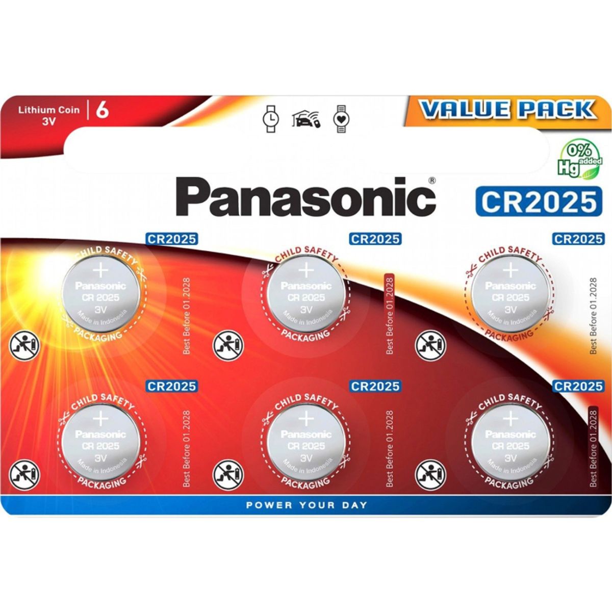 CR2025 Panasonic 3V, 6 stk.