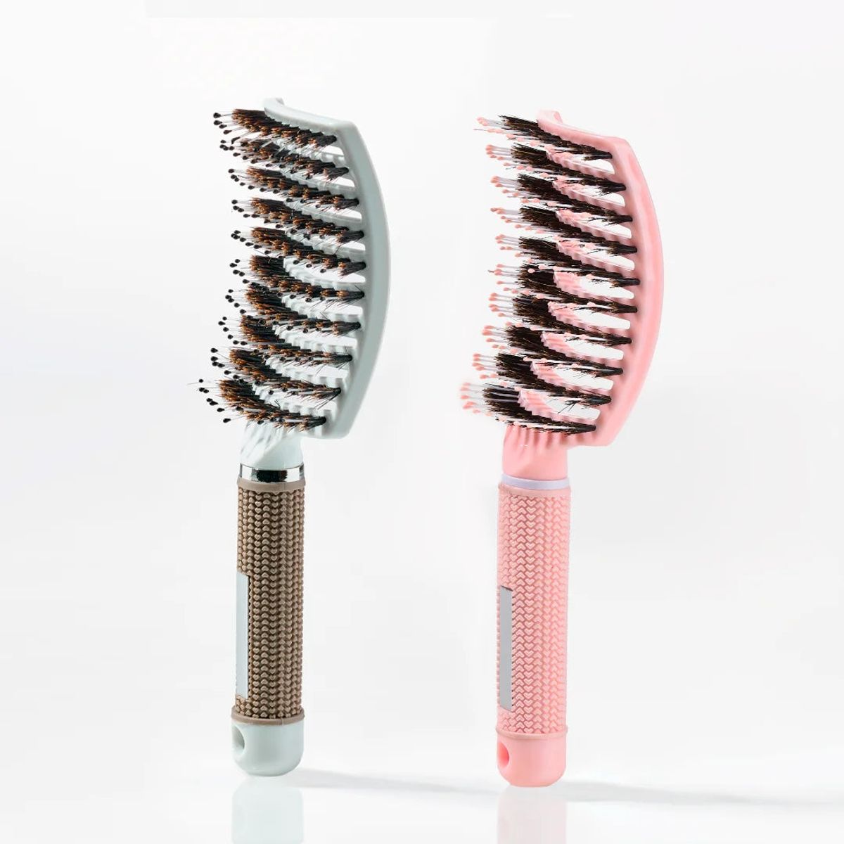 Curved Paddle Brush - Hårbørste med vildsvinehår - Hvid + Lyserød (Spar 12%)