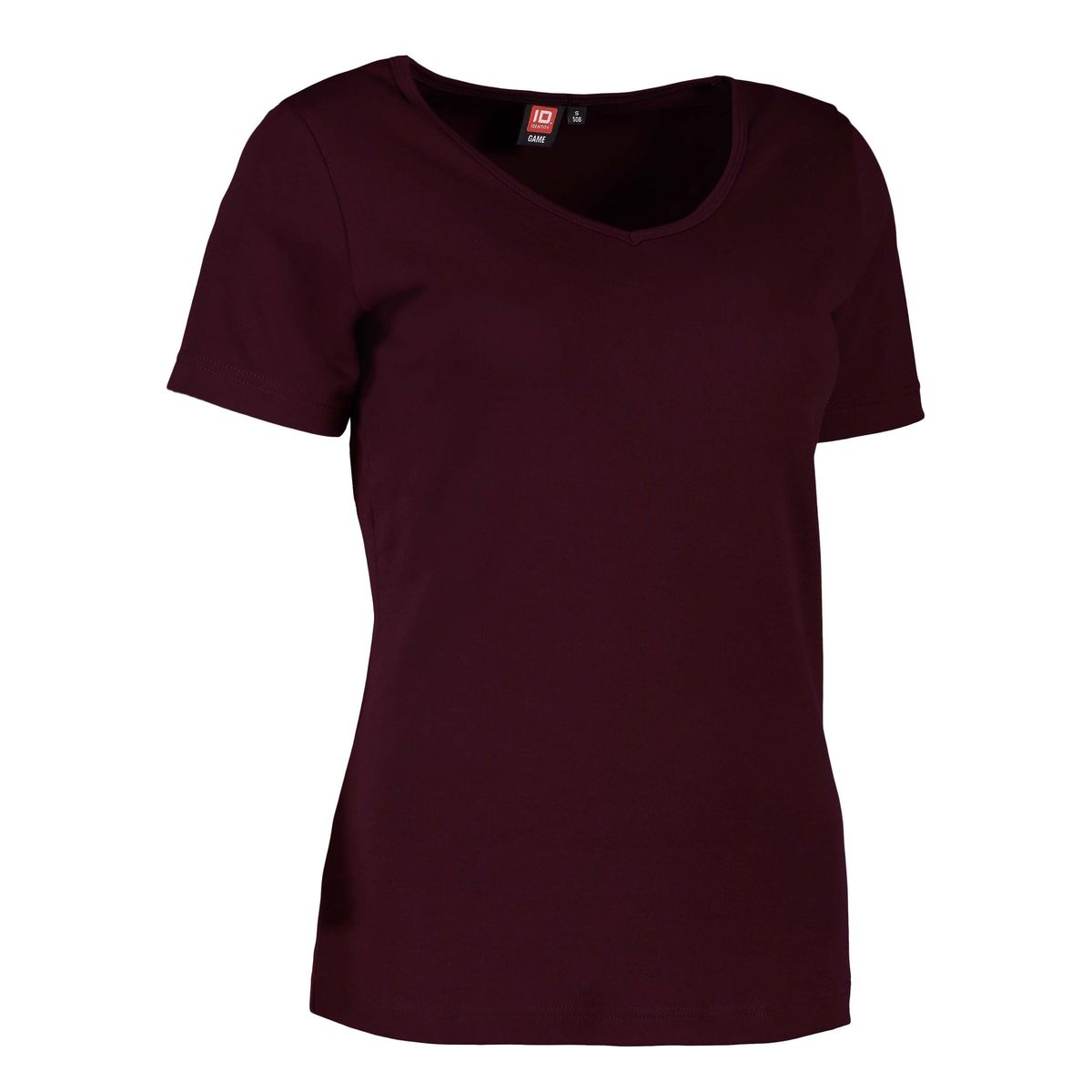 Dame t-shirt i mørk bordeaux med v-hals - XL