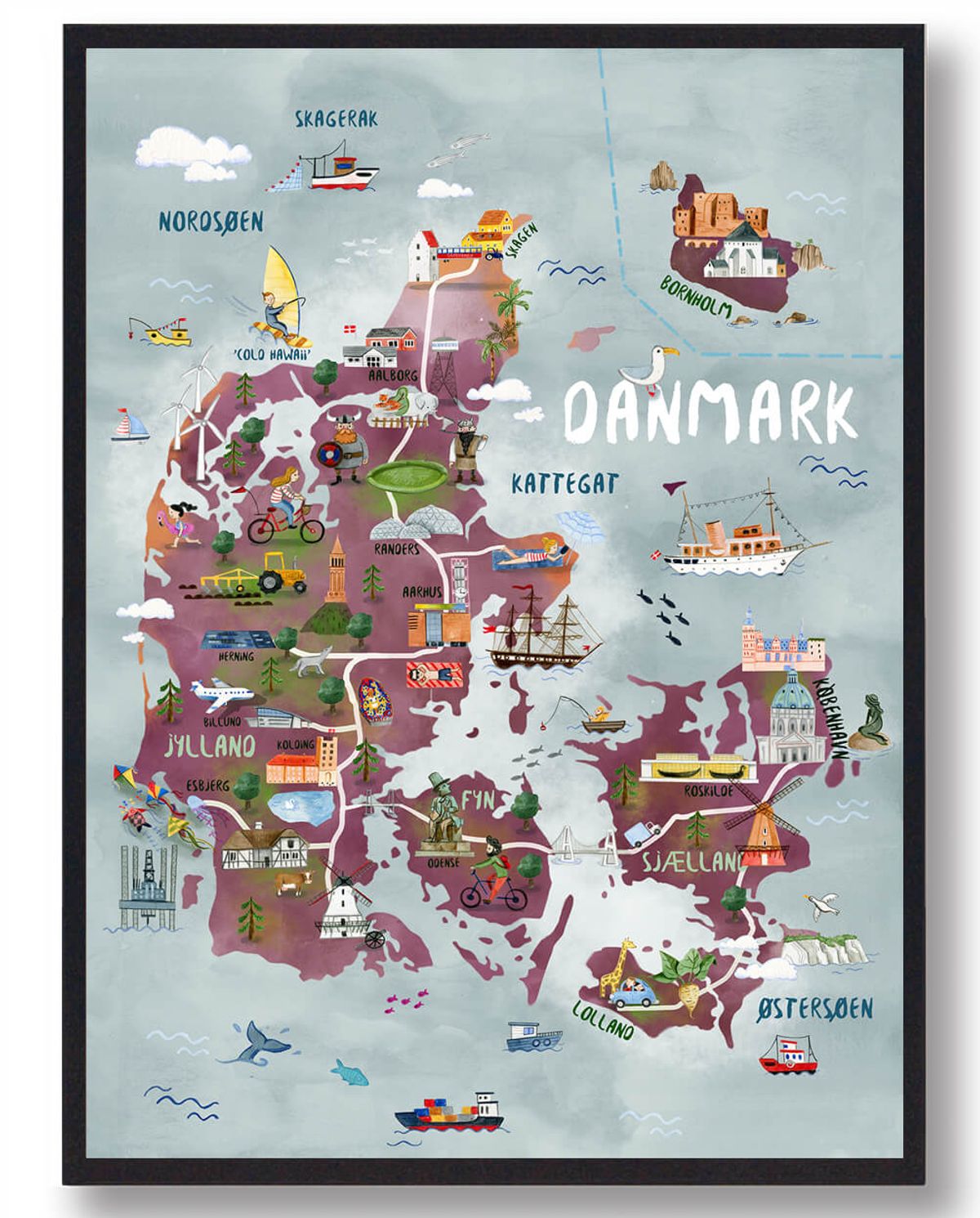 Danmarkskort - håndtegnet plakat (Størrelse: L - 50x70cm (B2))