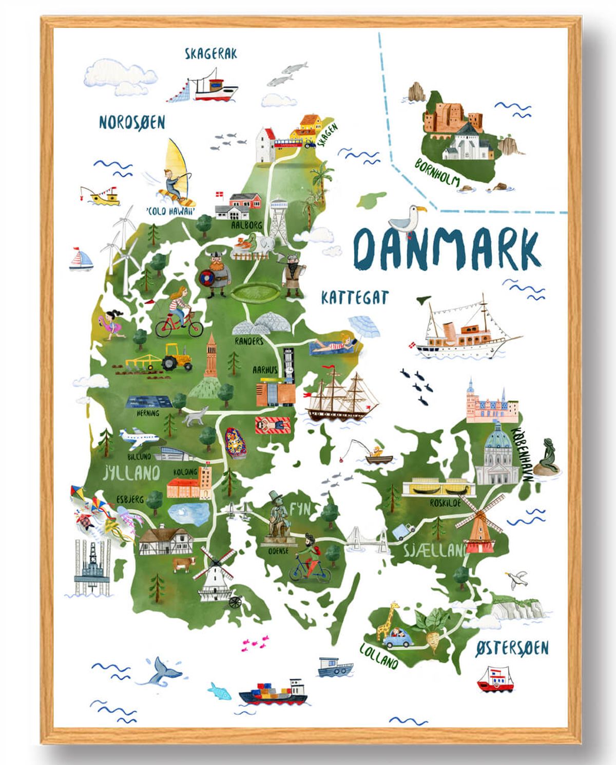 Danmarkskort - håndtegnet plakat (Størrelse: M - 30x40cm)