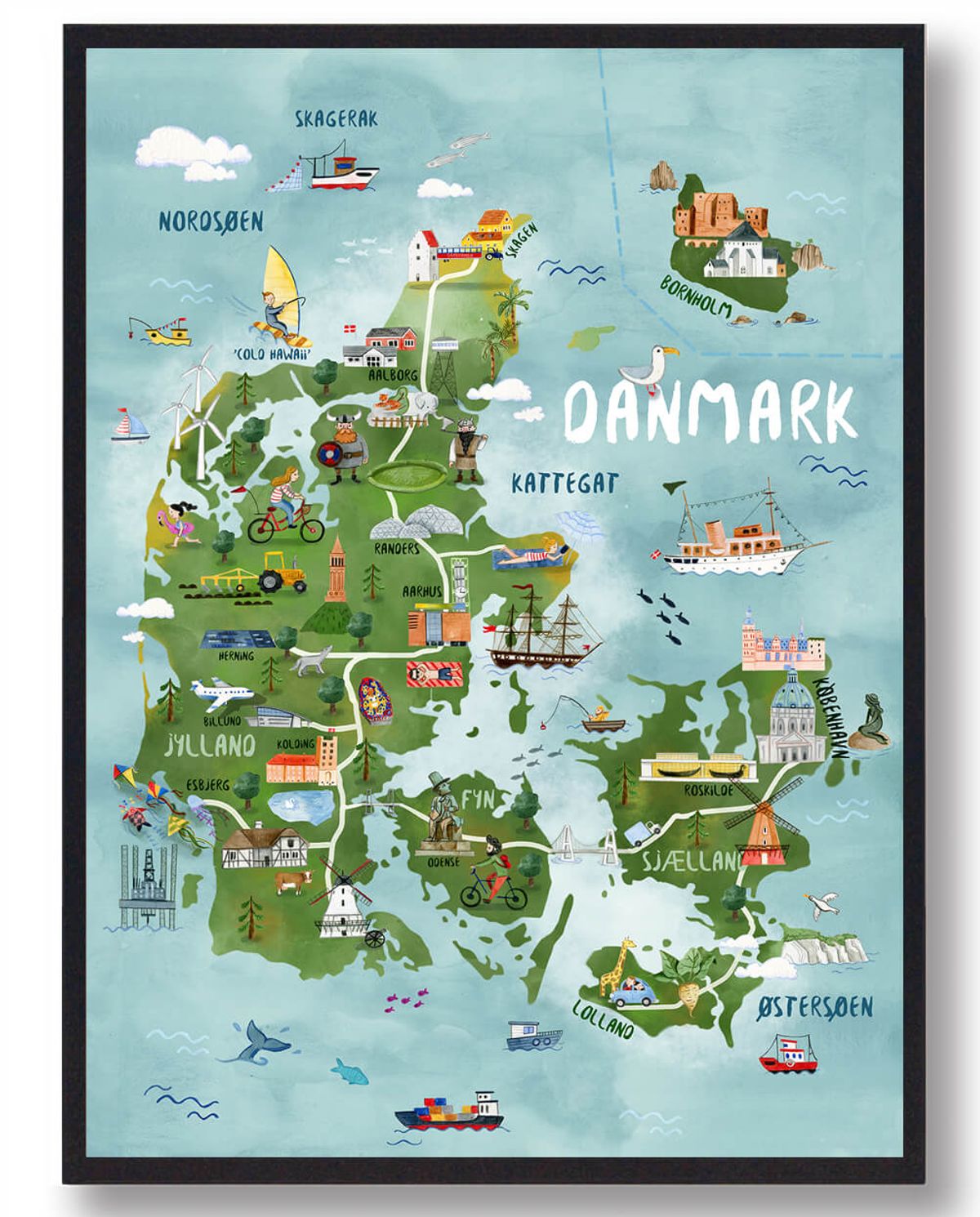 Danmarkskort - håndtegnet plakat (Størrelse: S - 21x29,7cm (A4))