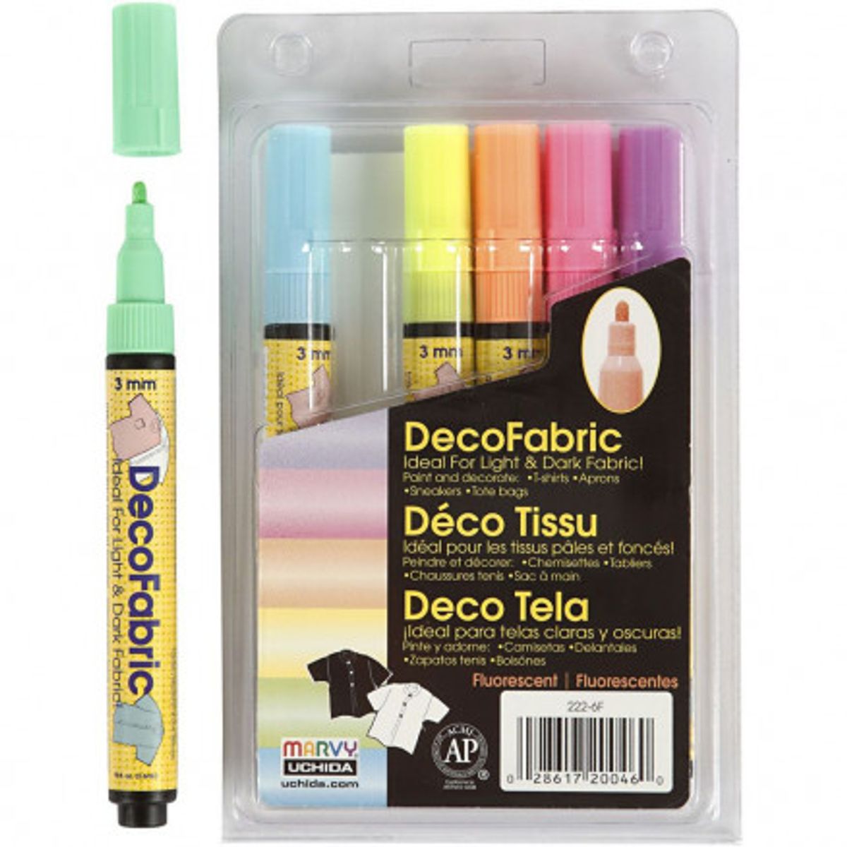 Deco Tekstiltusch, neonfarver, streg 3 mm, 6 stk./ 1 pk.