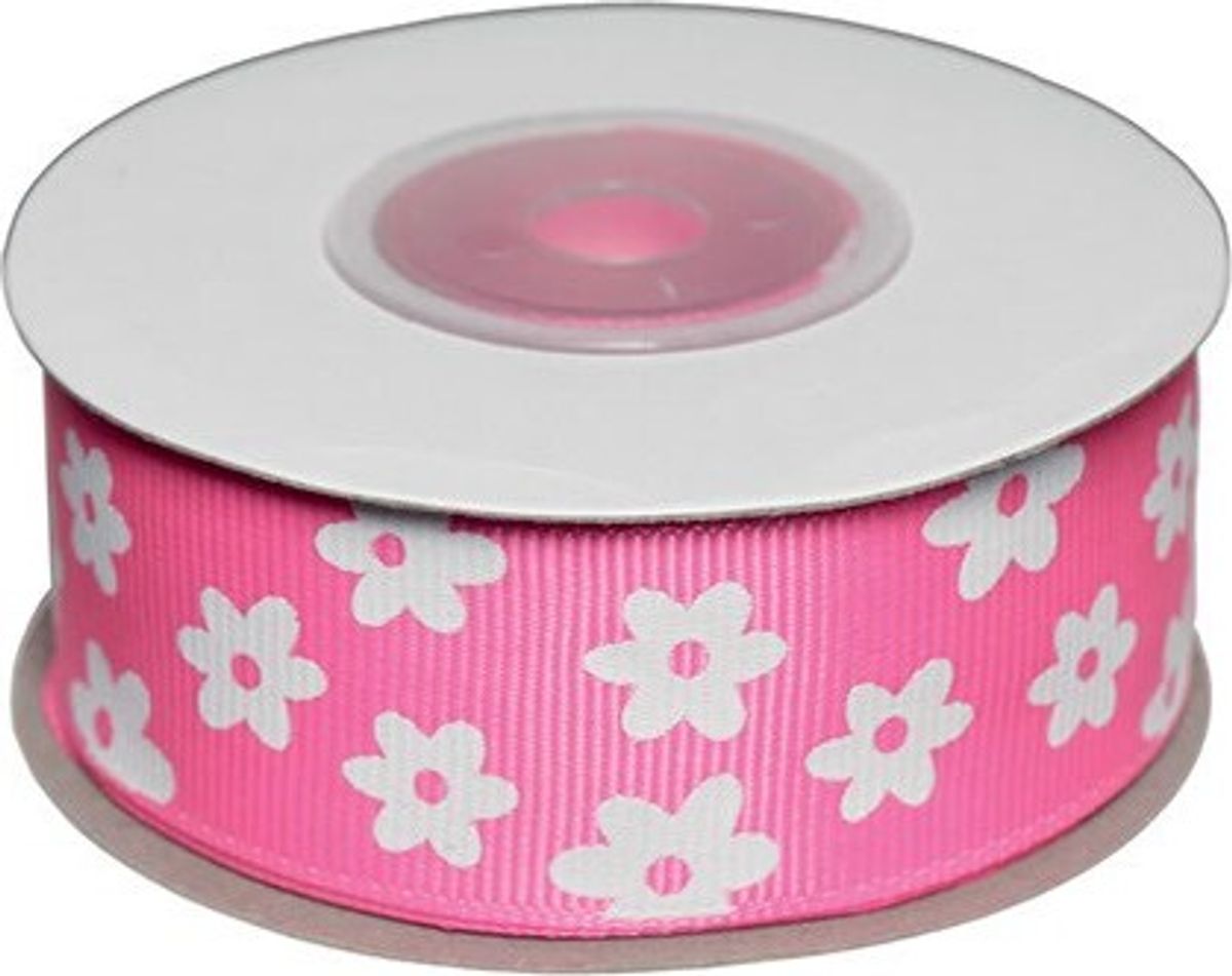 Dekobånd Pink M/blomst 25mm 10 - Polyester