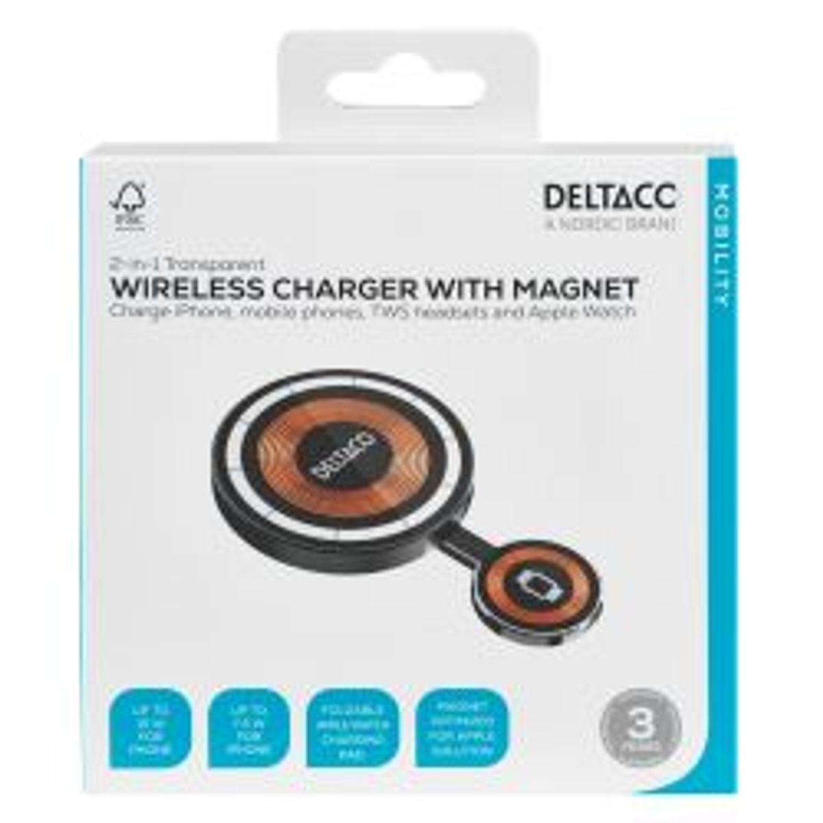 Deltaco 2-in-1 Transparent Wireless Charger, For Phone/watch, Magnet - Oplader