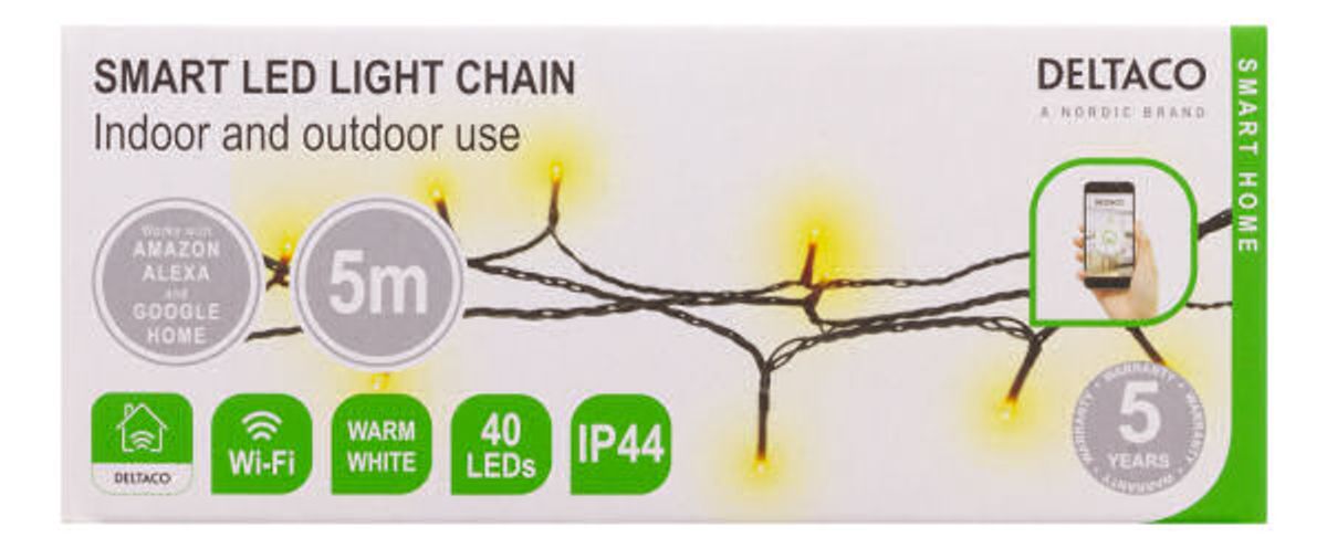 Deltaco smart led light chain indoor and outdoor use 40 led 5m