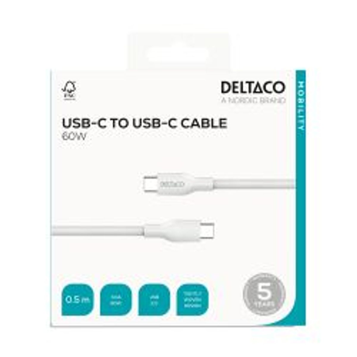 Deltaco Usb-c - C, 0,5m, Usb 2.0, White Braided, Spr 3a/60w - Ledning