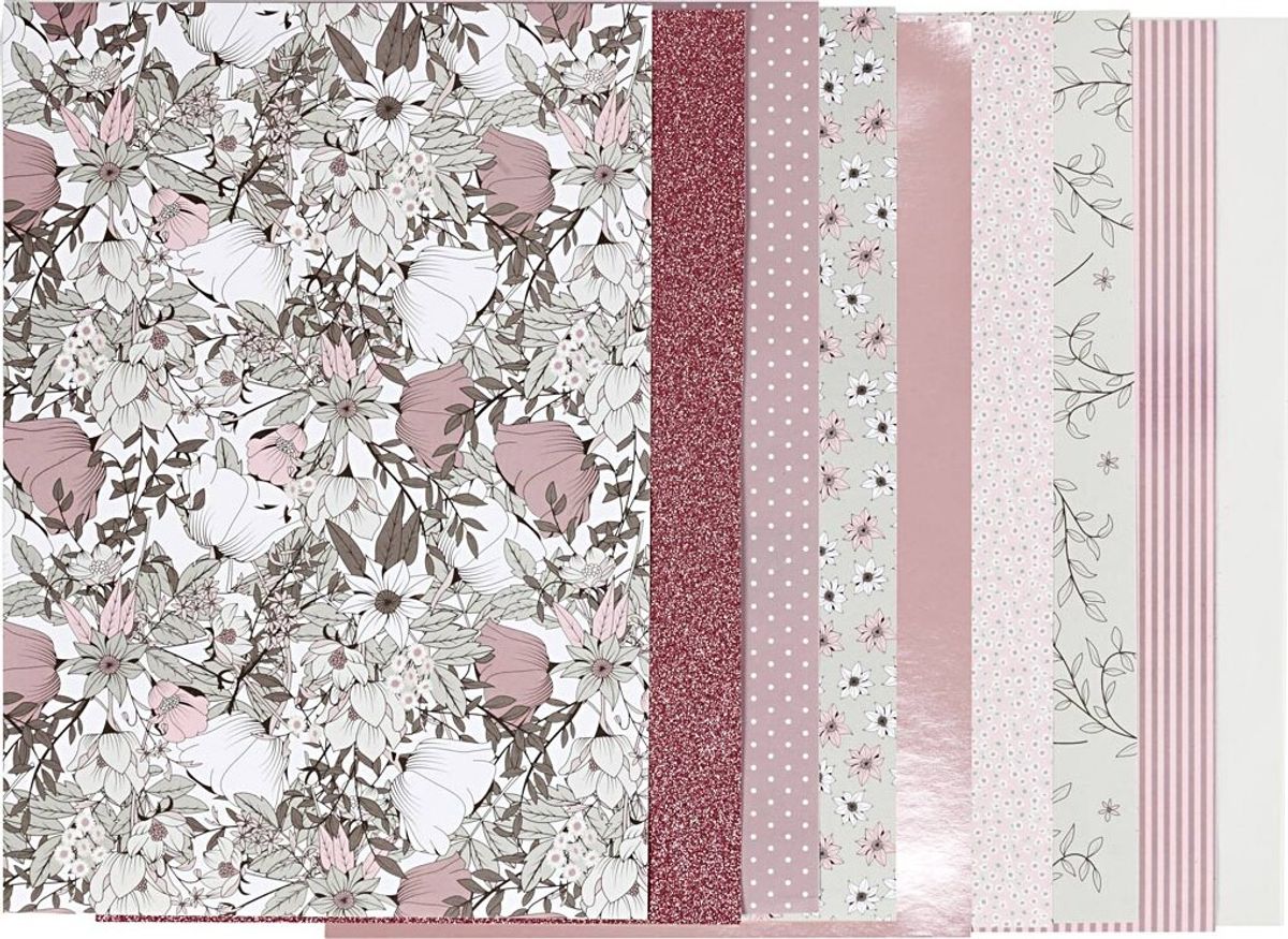 Designpapir I Blok - 21x30 Cm - 120+128 G - Beige - Brun - Rosa - Hvid - 24 Ark