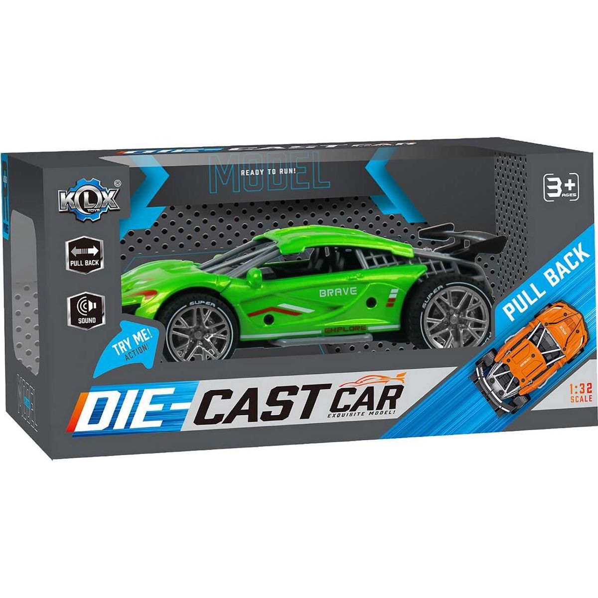 Die-cast Pull Back Car W/sound & 'try-me', Green - Klx Toys