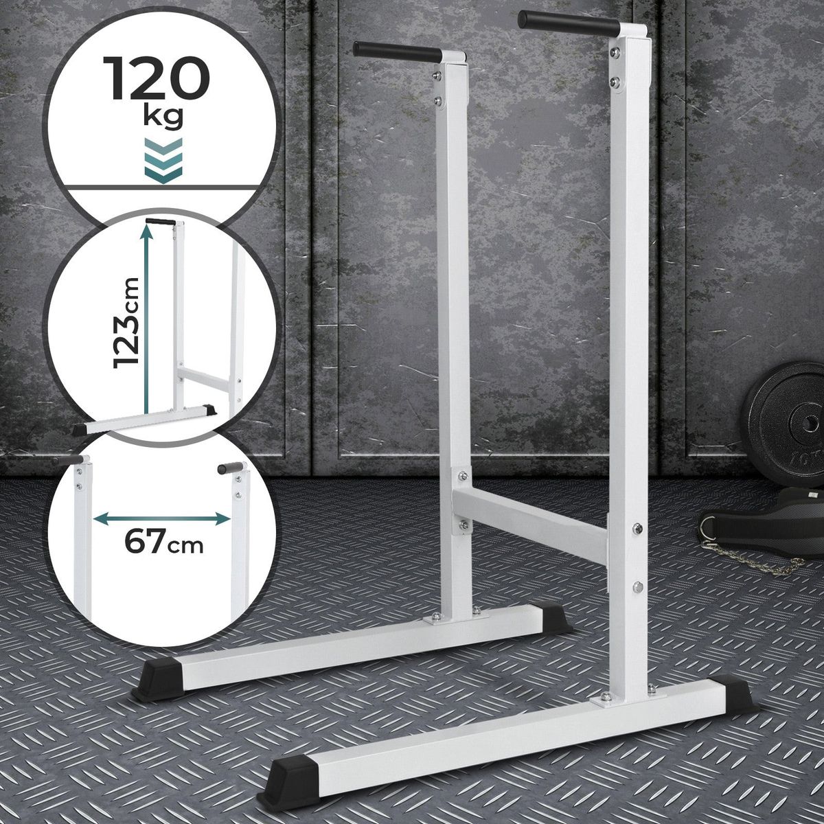 Dip Station, op til 120 kg, 103/67/123 cm, fritstående, biceps, triceps, mave- og rygtræning, polstrede håndtag, metal, hvid