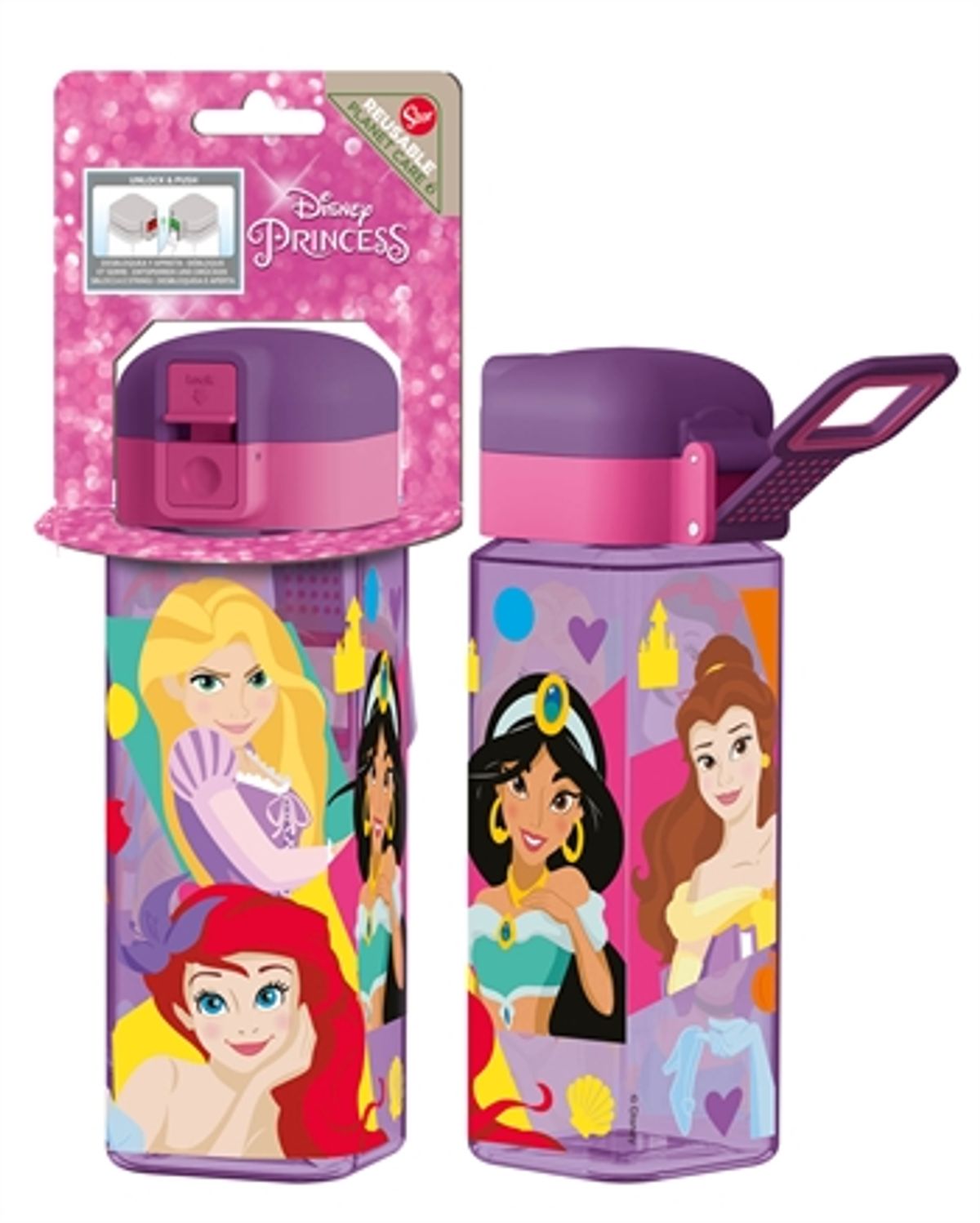 Disney Prinsesser drikkedunk - med låse flipfunktion - Snehvide, Rapunzel, Ariel, Jasmin, Belle og Askepot