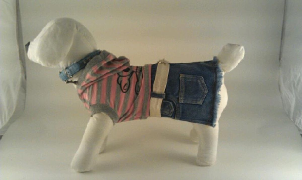 DoggyDolly kjole Pink/grå stribet med blå denim underdel.