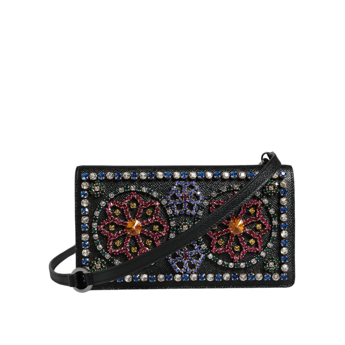 Dolce & Gabbana Black Leather Crystal Shoulder Crossbody Clutch Bag