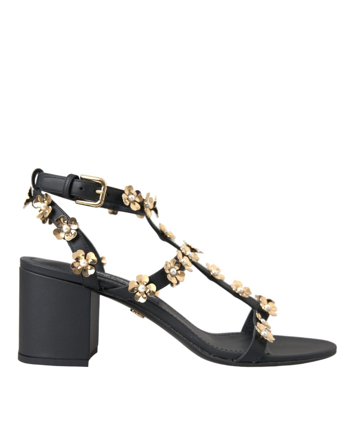 Dolce & Gabbana Black Leather Embellished Heel Sandaler Sko