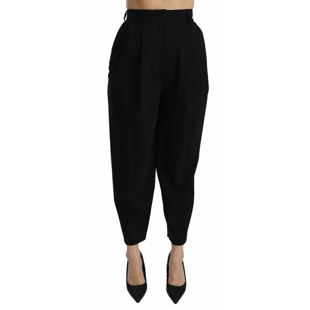 Dolce & Gabbana Black Wool High Waist Pleat Front Cropped Pants