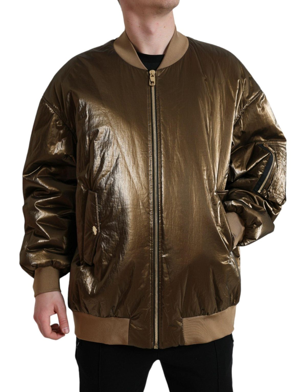 Dolce & Gabbana Bronze Nylon Full Zip Herre Bomber Jakke & Frakke