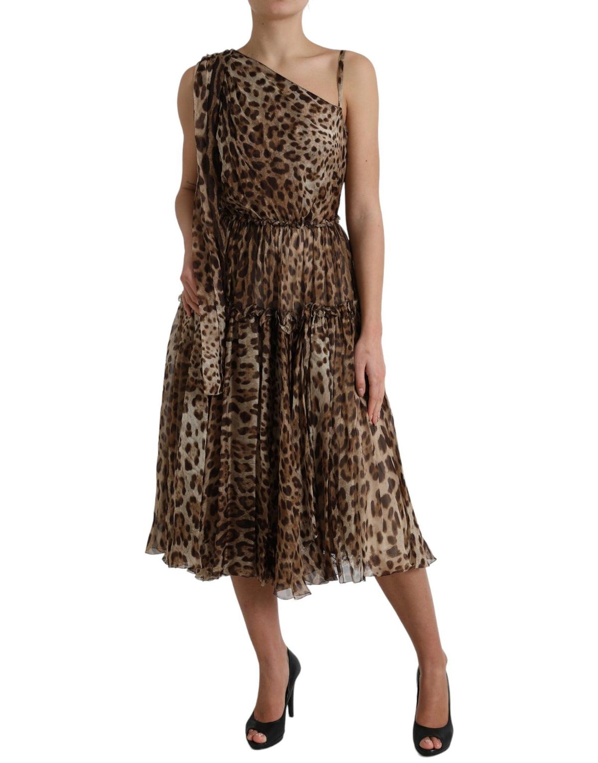 Dolce & Gabbana Brun Leopard Print Silke Ruffled Midi Kjole