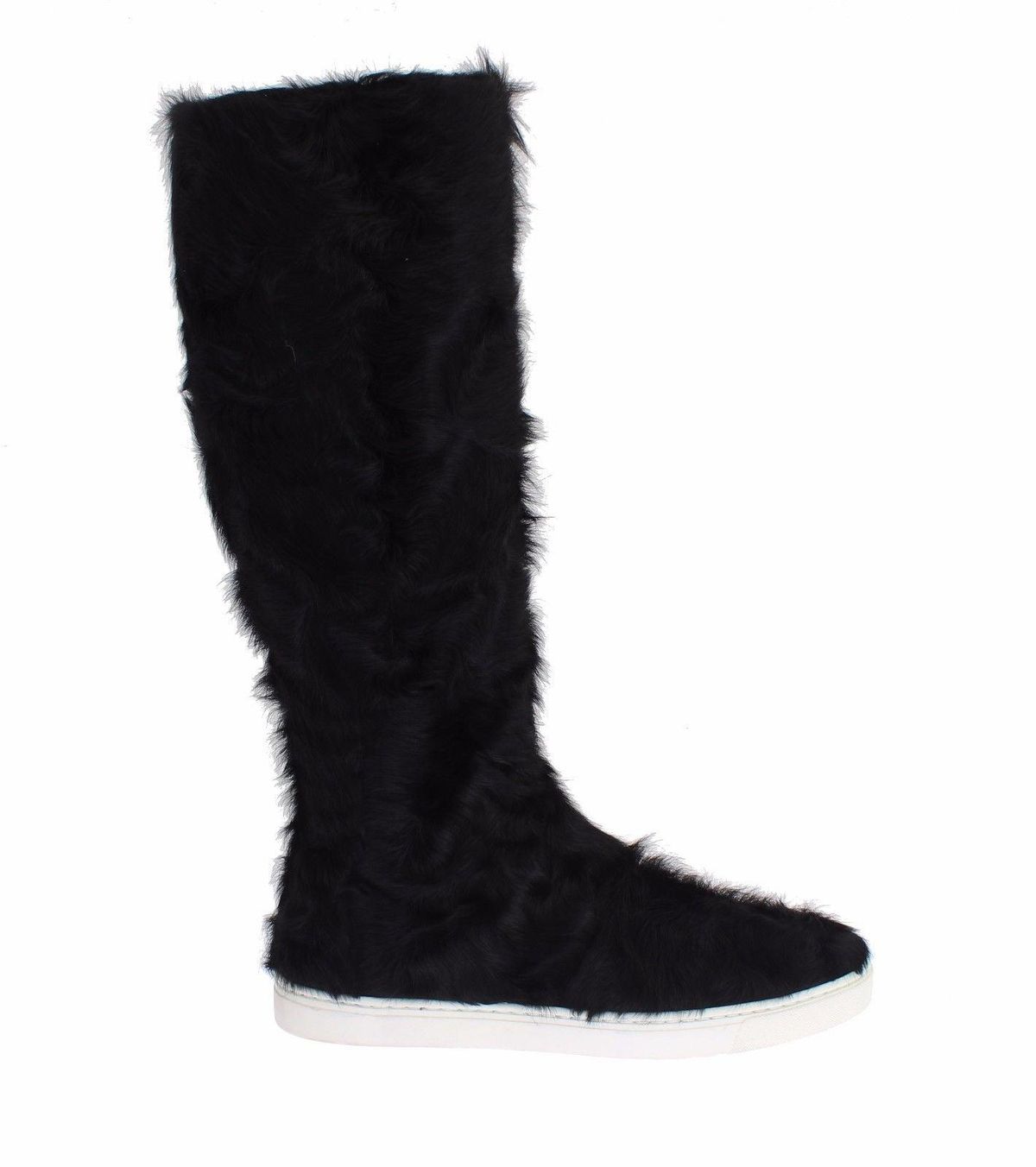 Dolce & Gabbana Elegant Black Fur Leather Flat Sneakers Boots