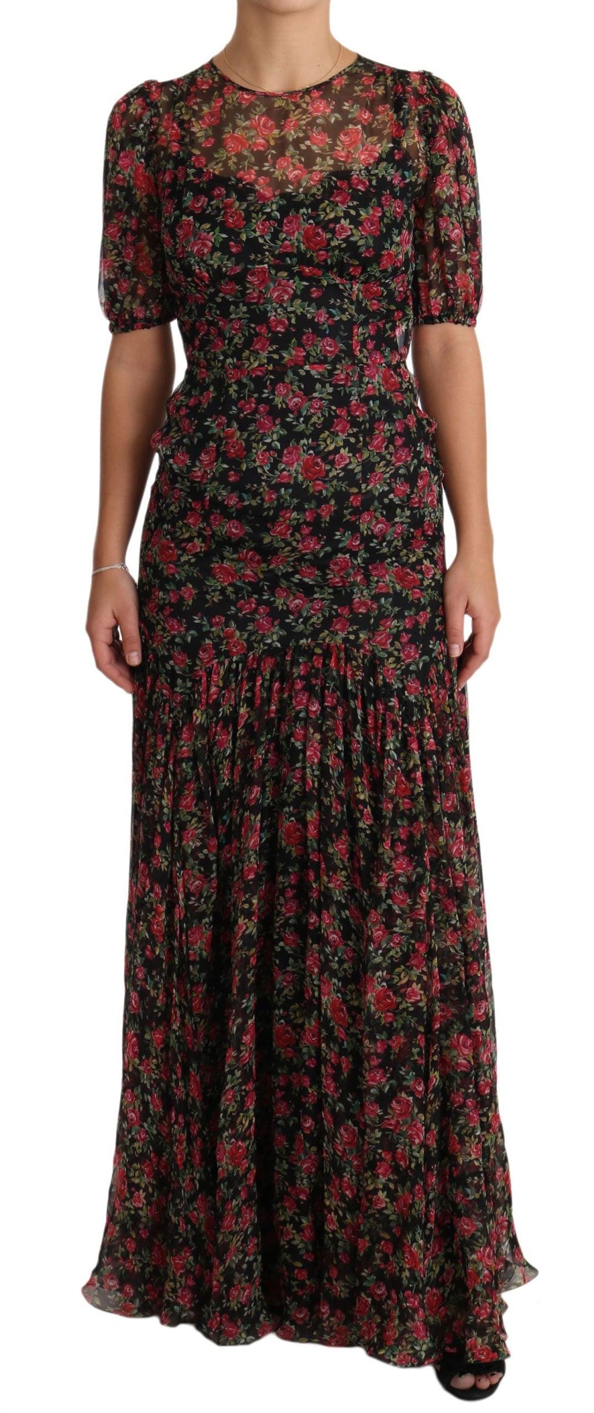 Dolce & Gabbana Elegant Black Silk Floral A-Line Gown