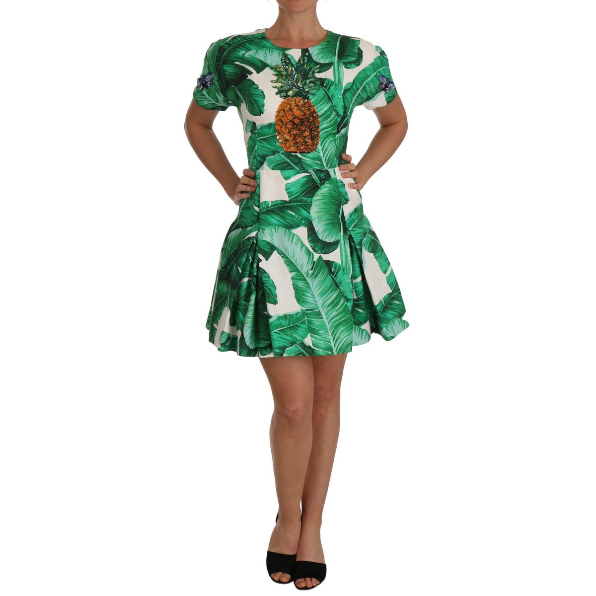 Dolce & Gabbana Elegant Green Banana Leaf Print A-Line Dress