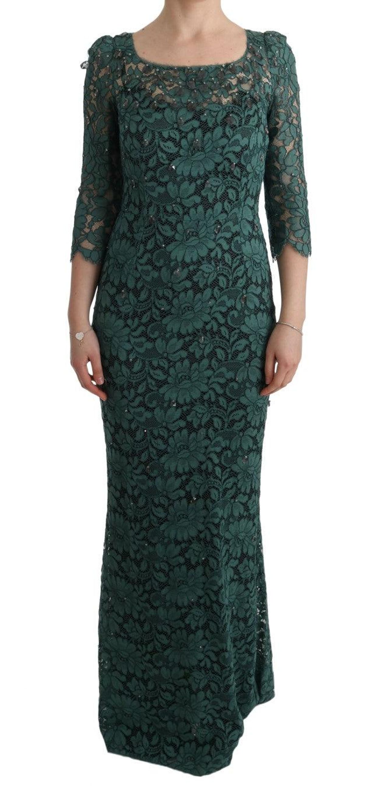 Dolce & Gabbana Elegant Green Crystal Embellished Sheath Dress