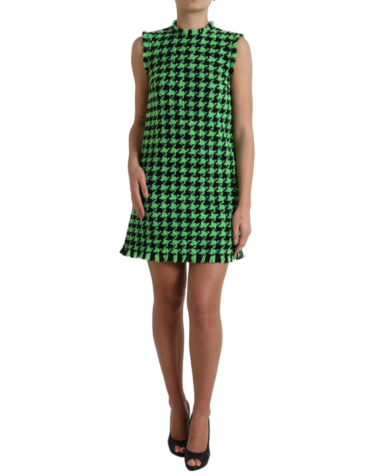 Dolce & Gabbana Grøn Houndstooth Sleeveless Aline Mini Kjole