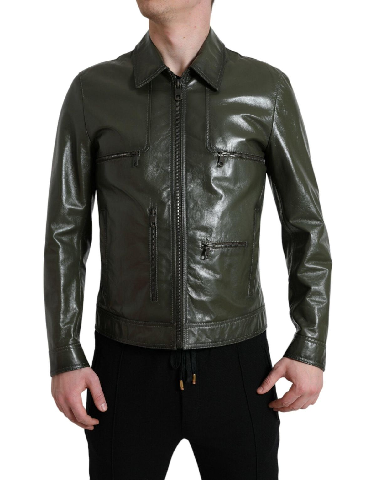 Dolce & Gabbana Grøn Læder Collared Biker Full Zip Jakke & Frakke