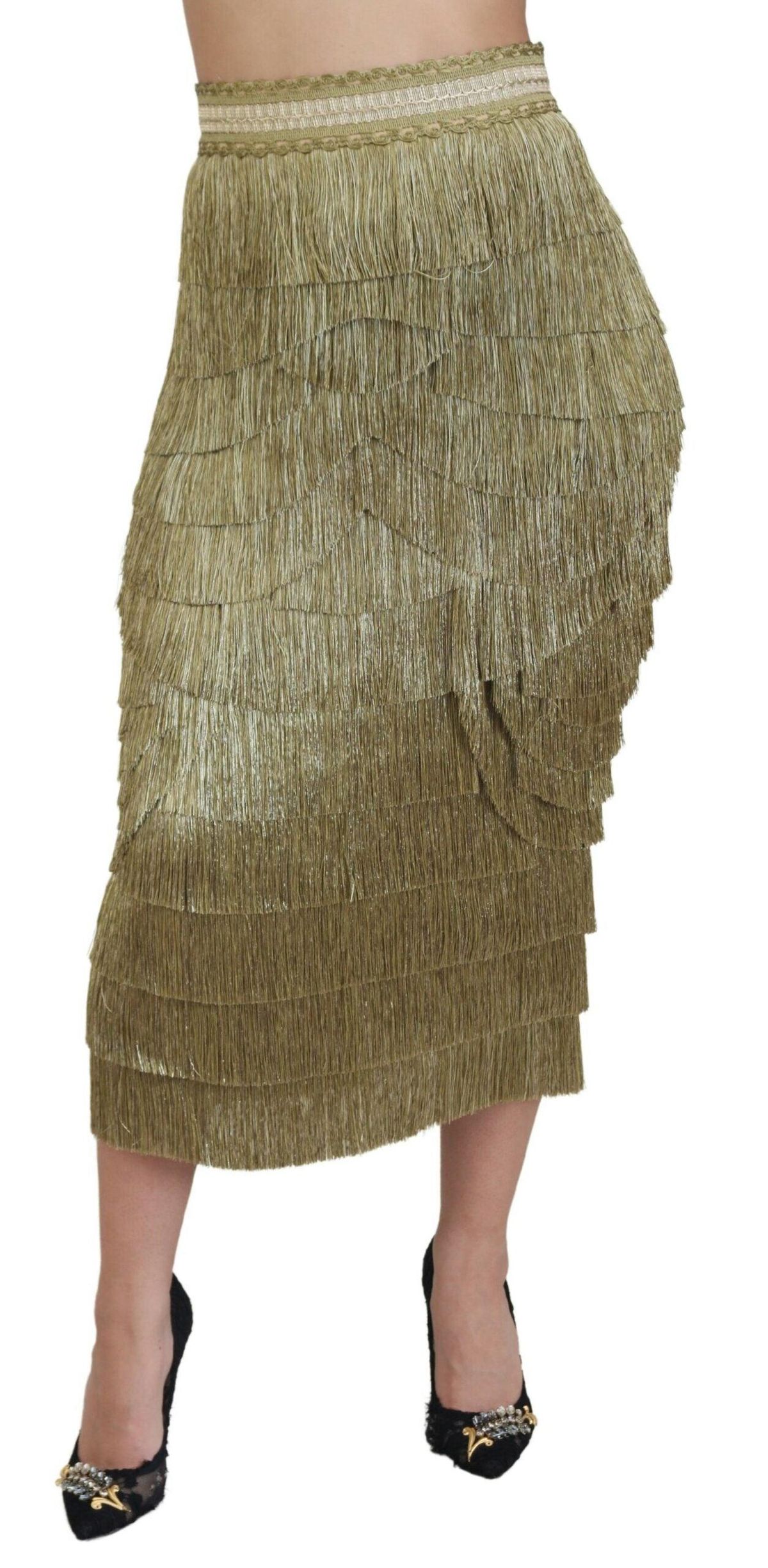 Dolce & Gabbana Guld Tiered Metallic Fringed Midi Silke Skirt