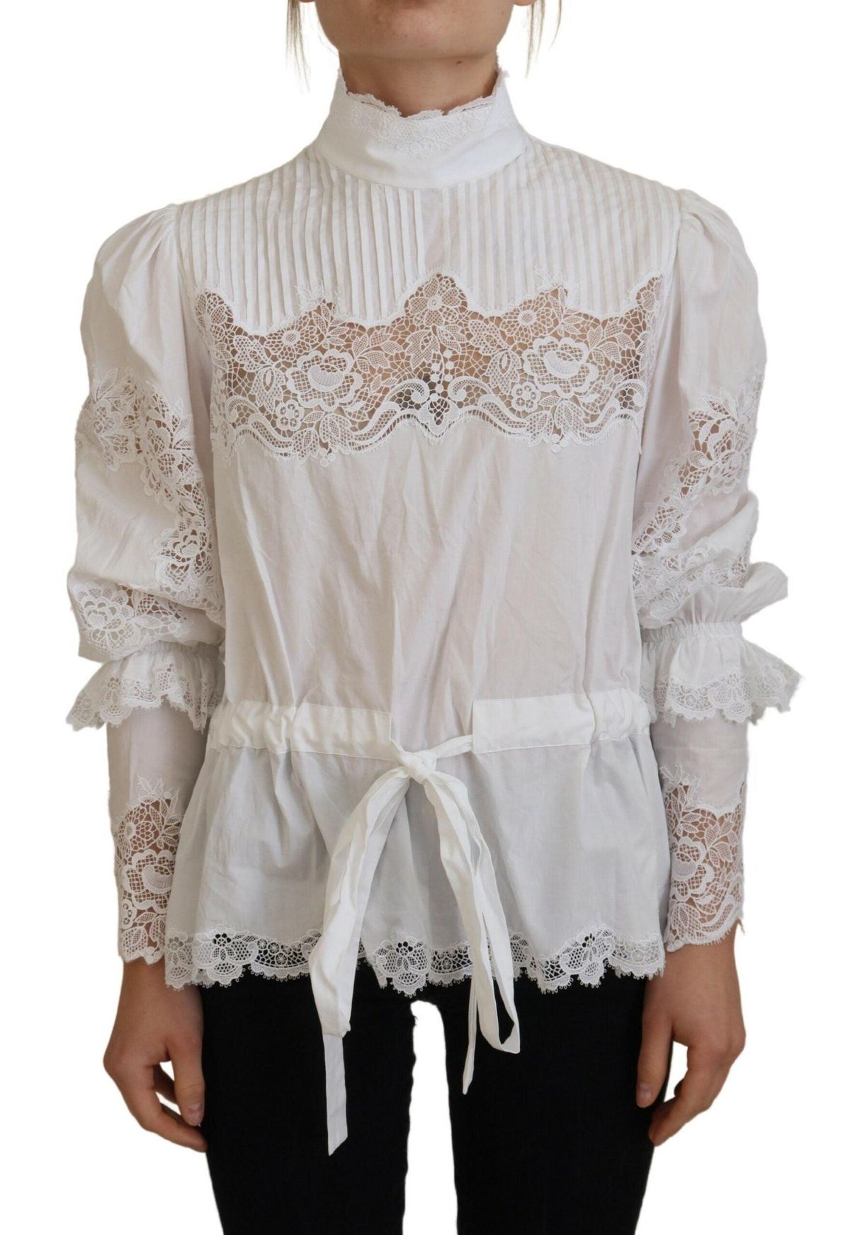 Dolce & Gabbana Hvid Bomuld Lace Trim Turtle Neck Bluse Top