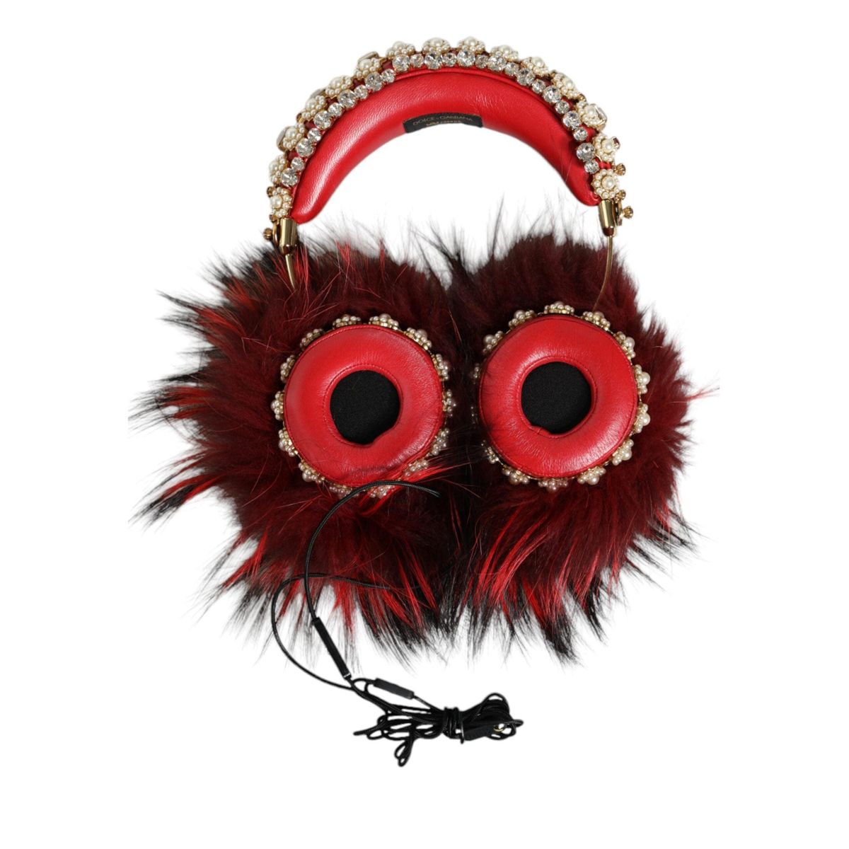 Dolce & Gabbana Red Gold Crystal Fur Headset Audio AUX Headphones