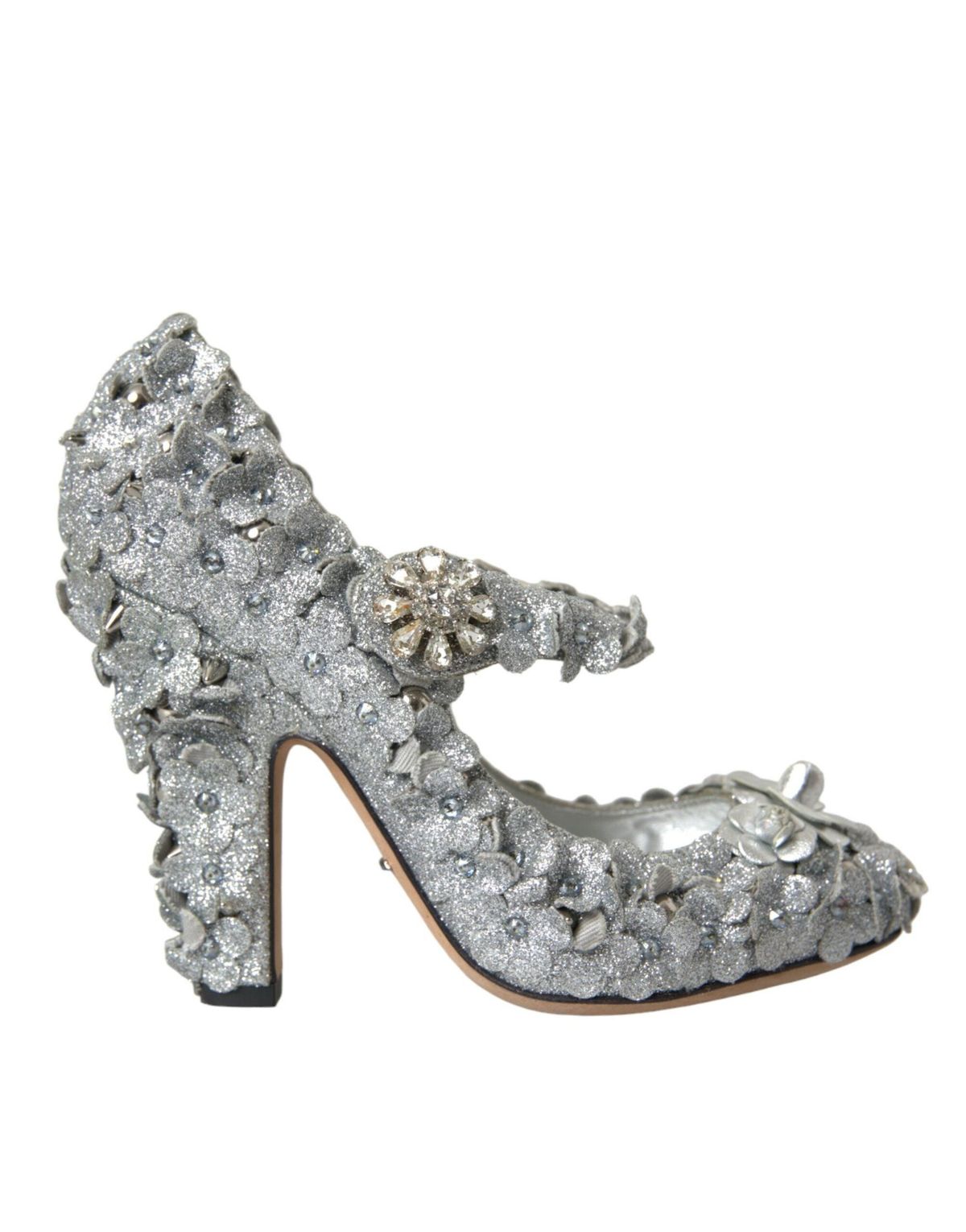 Dolce & Gabbana Silver Floral Crystal Mary Jane Pumps Sko