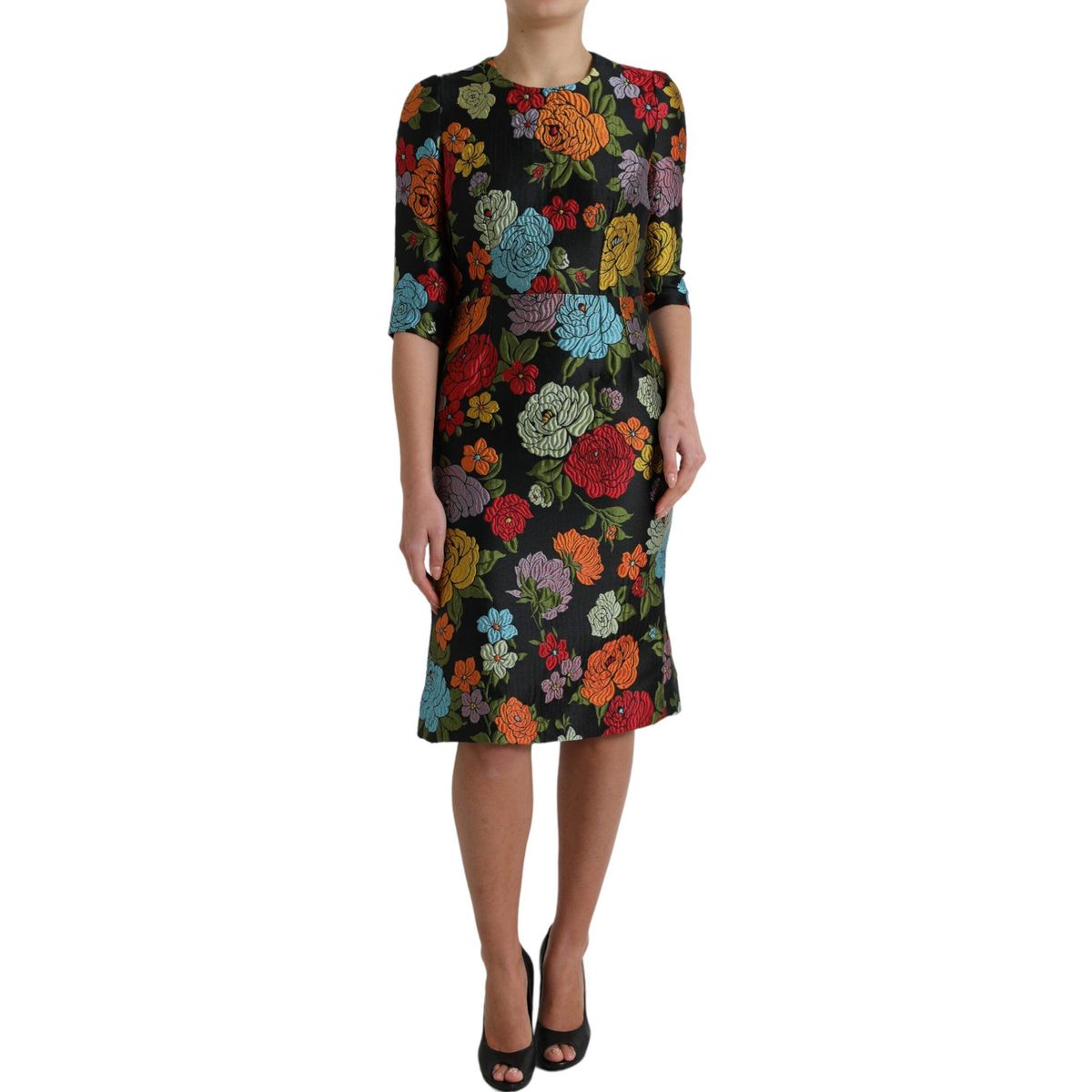 Dolce & Gabbana Sort Floral Embroidery Knee Length Kjole