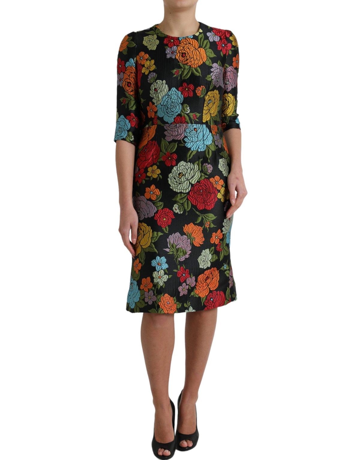 Dolce & Gabbana Sort Floral Embroidery Knee Length Kjole