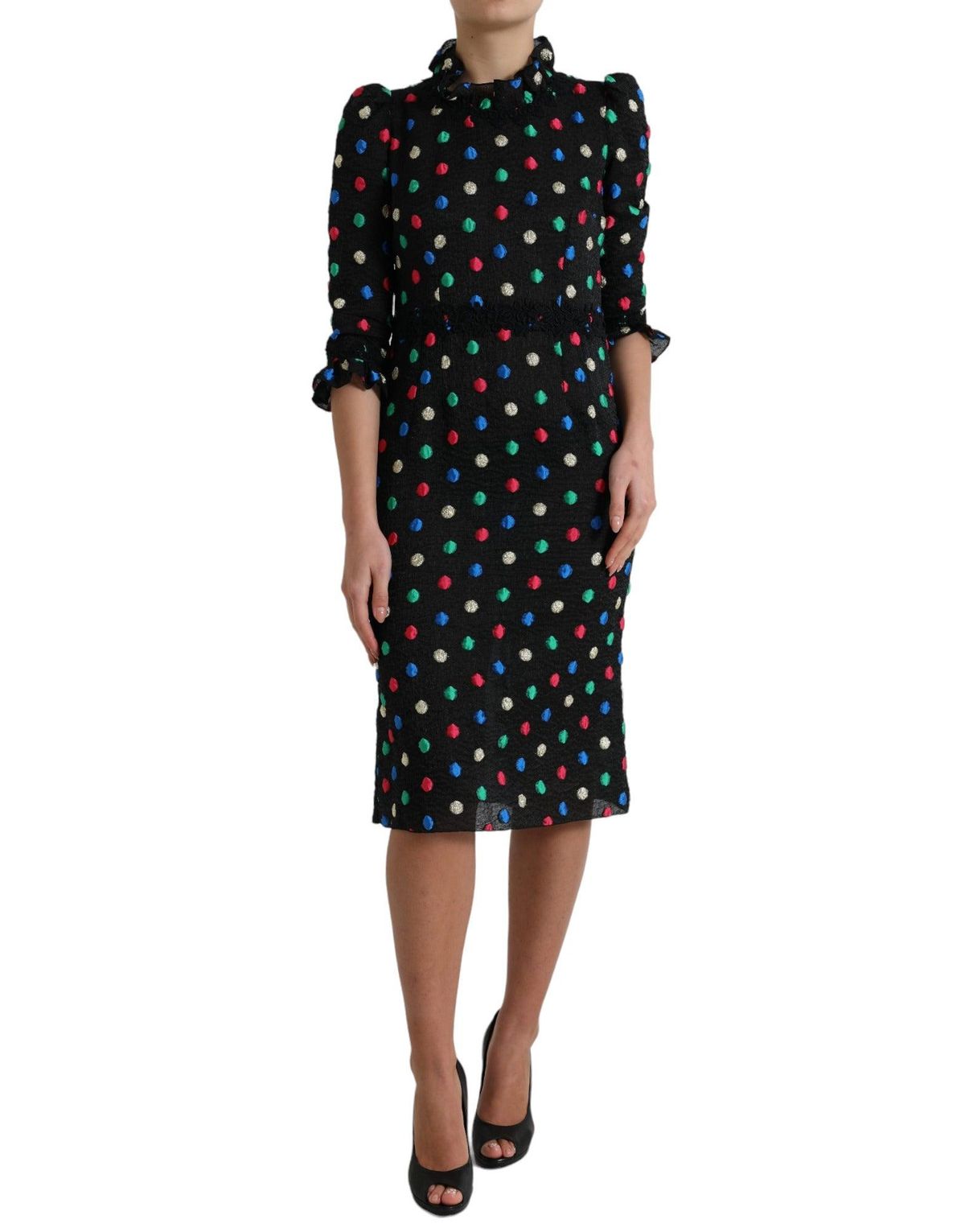 Dolce & Gabbana Sort Polka Dot Ruffle Bomuld Midi Kjole