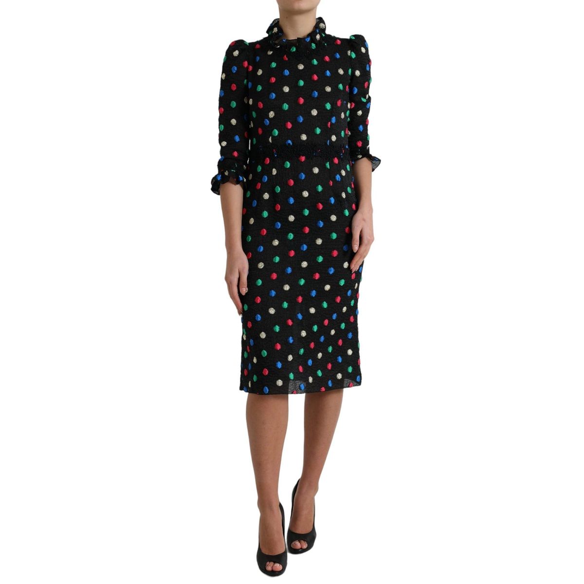 Dolce & Gabbana Sort Polka Dot Ruffle Bomuld Midi Kjole